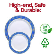 Disposable white plastic plates with a blue rim and gold spiral design, 10.25-inch diameter, BPA-free