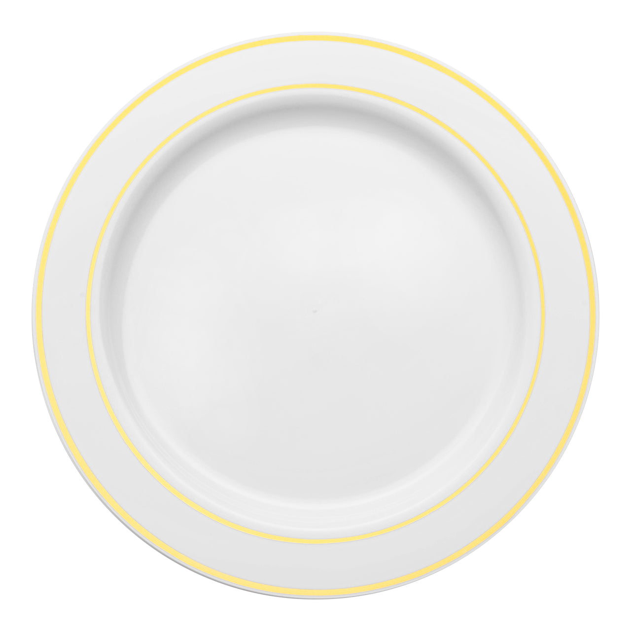 Disposable white plastic plates with a gold edge rim, 9-inch size,