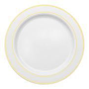 Disposable white plastic plates with a gold edge rim, 9-inch size,