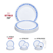 Disposable white plastic plates with a luxurious blue and silver royal rim design, 7.5-inch size, 120-pack