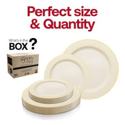 Disposable white plastic plates with a silver rim, a 240-piece value set ideal for weddings, parties, and events.