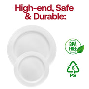 Disposable white plastic plates with silver edge detailing, 7.5-inch size, BPA-free