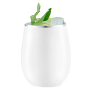 Disposable white plastic stemless wine glasses with silver details, 12 oz, lightweight yet durable