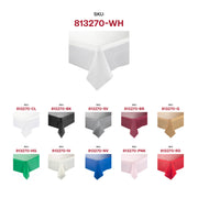 Disposable white plastic tablecloth in a rectangular 54 x 108 size, perfect for easy cleanup after parties and events.
