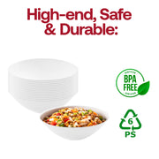 Disposable white soup bowls with silver rim, 16 oz. capacity, organic round shape, BPA-free