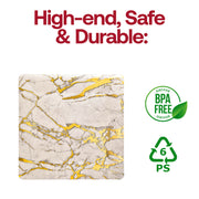 Disposable white square charger plates adorned with a gold marble pattern, 13-inch diameter, BPA-free