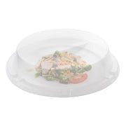 Dome-style clear plastic tray lids protect garnished platters from air and dust while keeping food fully visible on buffet tables