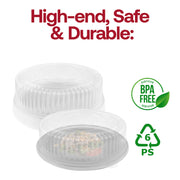 Domed clear tray cover for 14-inch serving trays helping prevent spills, dust, and accidental bumps at busy parties