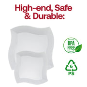 Durable 10-inch round dinner plates in white plastic with a unique wave design, disposable and lightweight, BPA-free