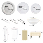 Durable 10.25" dinner plates and 7.5" salad plates with matching silver cutlery.