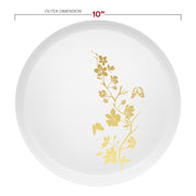 Durable 10" BPA-free plate with vintage gold floral edge, styled for wedding banquet