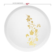 Durable 10" white plastic dinner plate with gold floral accents featured in bridal shower setup