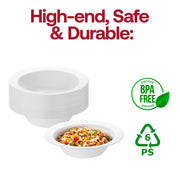 Durable 5 oz dessert bowls in solid white plastic with a subtle edge rim, disposable and ideal for events, BPA-free
