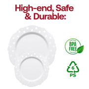 Durable 7.5-inch disposable salad plates in white with a stylish silver blossom pattern, BPA-free