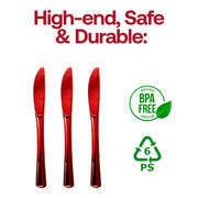 Durable 7.8-inch metallic red plastic knives, disposable design with a shiny finish, BPA-free