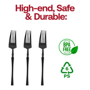 Durable 8.4-inch black plastic dinner forks, sturdy and break-resistant, BPA-free