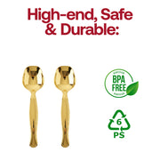 Durable 9.75-inch gold plastic serving spoon, designed for effortless serving and single-use convenience.