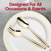 Durable 9.75-inch gold plastic serving spoon, designed for effortless serving and single-use convenience.