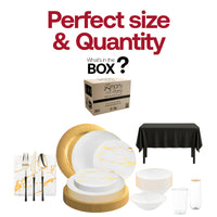 Durable, BPA-free wedding dinnerware set designed for one-time use with effortless post-party cleanup.