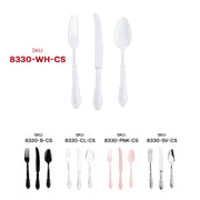 Durable White Baroque plastic cutlery set with intricate detailing, combining elegance and convenience, bulk pack of 480