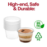 Durable and BPA-free 1.5 oz clear plastic portion souffle cups, food-safe recyclable polypropylene cups for hot and cold condiments.
