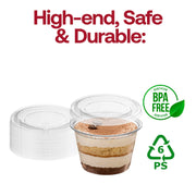 Durable and BPA-free 1.5 oz clear plastic souffle cups with lids, food-safe polypropylene cups and PET lids for safe sauce and dip service.
