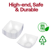 Durable and BPA-free 16 oz clear wave square plastic bowls, food-safe recyclable polystyrene serving bowls for hot and cold dishes.