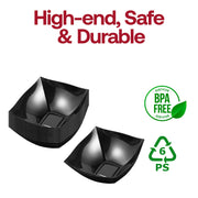 Durable and BPA-free 8 oz black wave square plastic bowls, food-safe recyclable polystyrene serving bowls for hot and cold dishes.