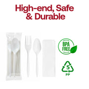 Durable and BPA-free MW cutlery kit with fork, teaspoon, and napkin, food-safe recyclable polypropylene utensils for schools and healthcare dining.

