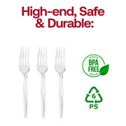Durable and BPA-free clear medium heavy weight plastic forks, food-safe recyclable polystyrene flatware for hot and cold meals.
