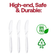 Durable and BPA-free clear medium heavy weight plastic knives, food-safe recyclable polystyrene flatware for hot and cold meals.
