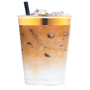 Durable and BPA-free clear plastic tumblers with gold accents, premium disposable cups safe for cold beverages and stylish hosting.
