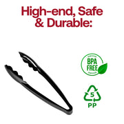Durable and BPA-free heavyweight PP food serving tongs in black, food-safe recyclable plastic serveware for hot and cold buffet items.
