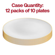Durable and BPA-free heavyweight white plastic plates with gold accents, high-end disposable tableware safe for hot and cold food.