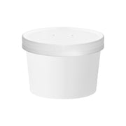 Durable and BPA-free white paper lids for food containers, high-end disposable packaging safe for hot soups and stews.