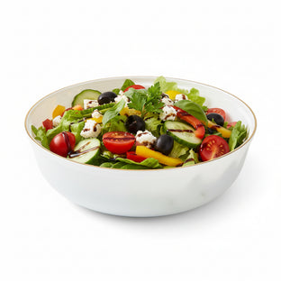 Durable and BPA-free white plastic soup bowls with gold rim, high-end disposable tableware safe for hot and cold food serving.