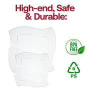 Durable and disposable 7-inch clear plastic salad plates with a modern wave rim design, BPA-free