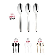 Durable and disposable 9.75-inch silver plastic serving spoons for convenient food service