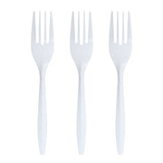 Durable and disposable, these white medium-weight forks are perfect for both casual meals and professional service