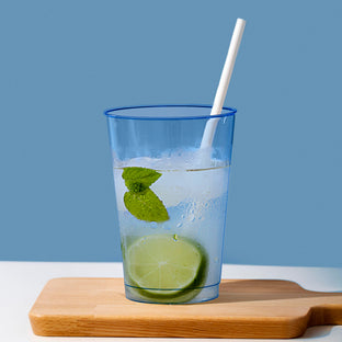 Durable and lightweight, these 12 oz. clear blue cups fit seamlessly into drinkware displays
