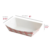 Durable and safe 6 oz red plaid paper food trays, high-quality disposable boats for serving hot snacks like chicken tenders and fries.
