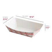 Durable and safe 8 oz red plaid paper food trays, high-quality disposable boats for serving hot snacks like chicken tenders and nachos.