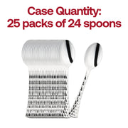 Durable and stylish 7" silver plastic spoons, available in a bulk pack of 600 for large gatherings