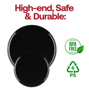 Durable and stylish black disposable plastic plates with a flat round shape, 8.5-inch size, BPA-free