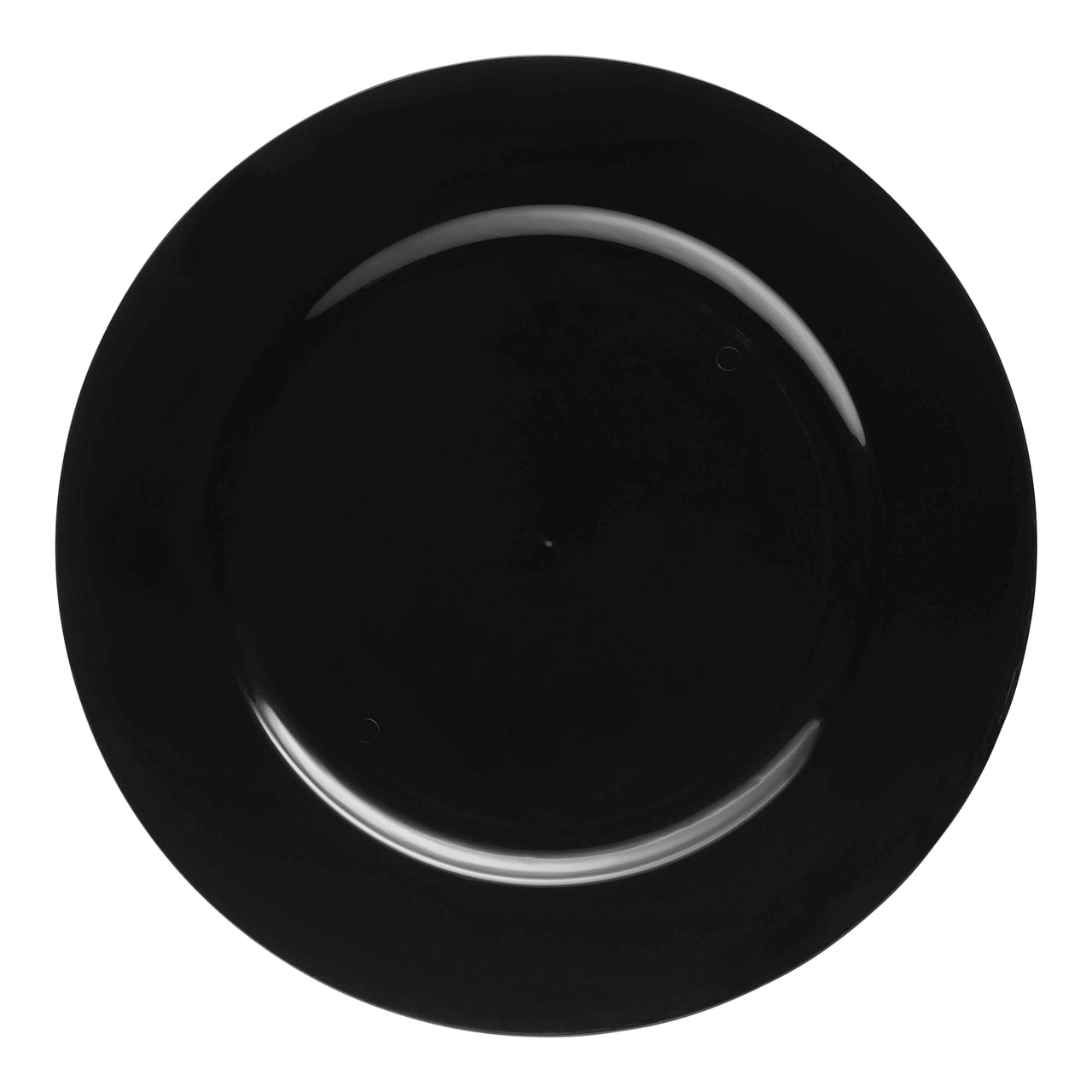 Durable black disposable plastic charger plates with a sleek round design