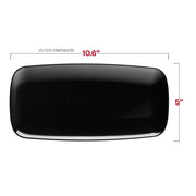 Durable black disposable plastic plates with a rectangular shape and smooth raised edges, 10.6x5 inches, pack of 120