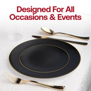 Durable black plastic appetizer plates with a decorative gold rim, organic round shape, 7.5-inch diameter, sold as a set of 120