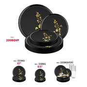 Durable black plastic plate set with floral gold accent design shown enhancing modern table decor