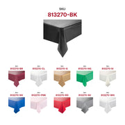 Durable black plastic tablecloth with a smooth finish, rectangular shape, and disposable design, ideal for catering and event setups.