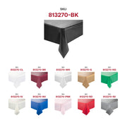 Durable black plastic tablecloth with a smooth finish, rectangular shape, and disposable design, ideal for catering and event setups.